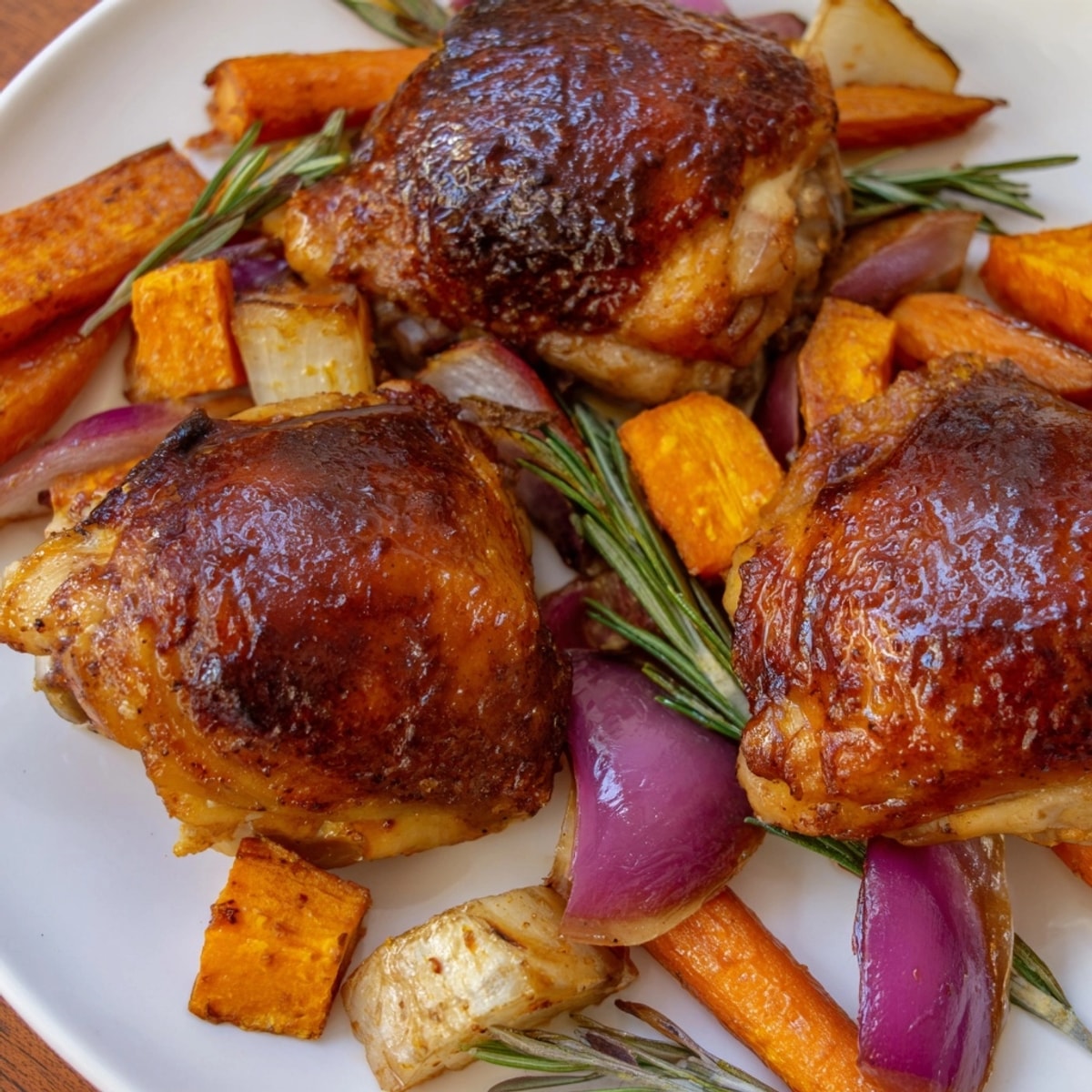 Golden Honey-Glazed Chicken with Roasted Root Vegetables: Crispy skin, caramelized veggies, and aromatic herbs.