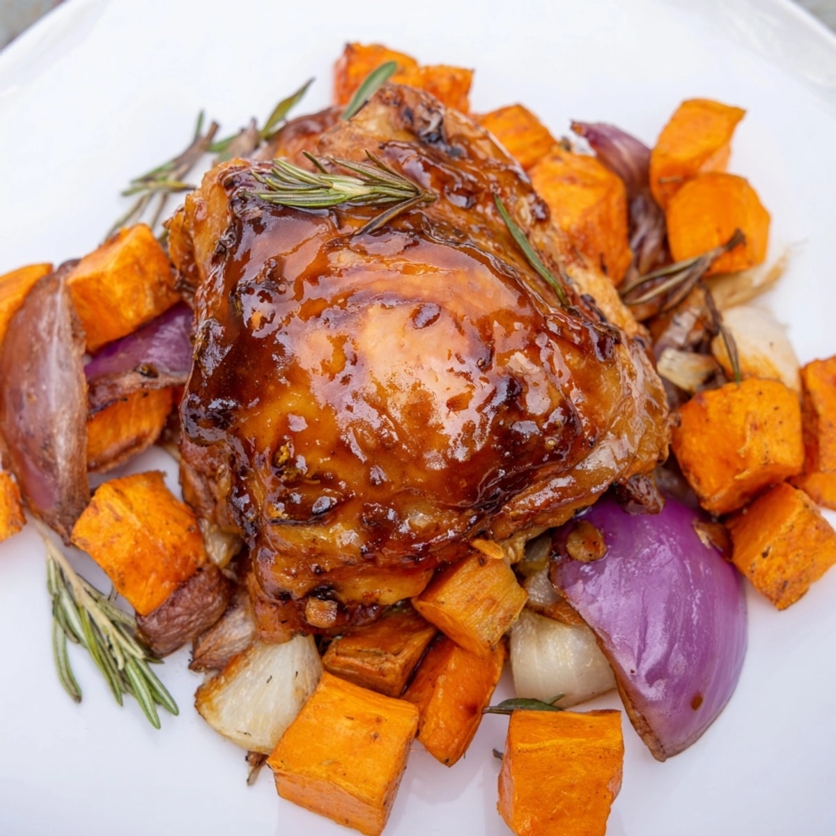 Honey-Glazed Chicken recipe, served with tender roasted carrots, parsnips, and sweet potatoes.