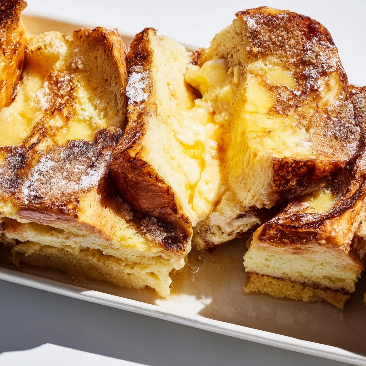 Golden-brown Soft Spice Baked French Toast Casserole, topped with cinnamon sugar and ready to serve.