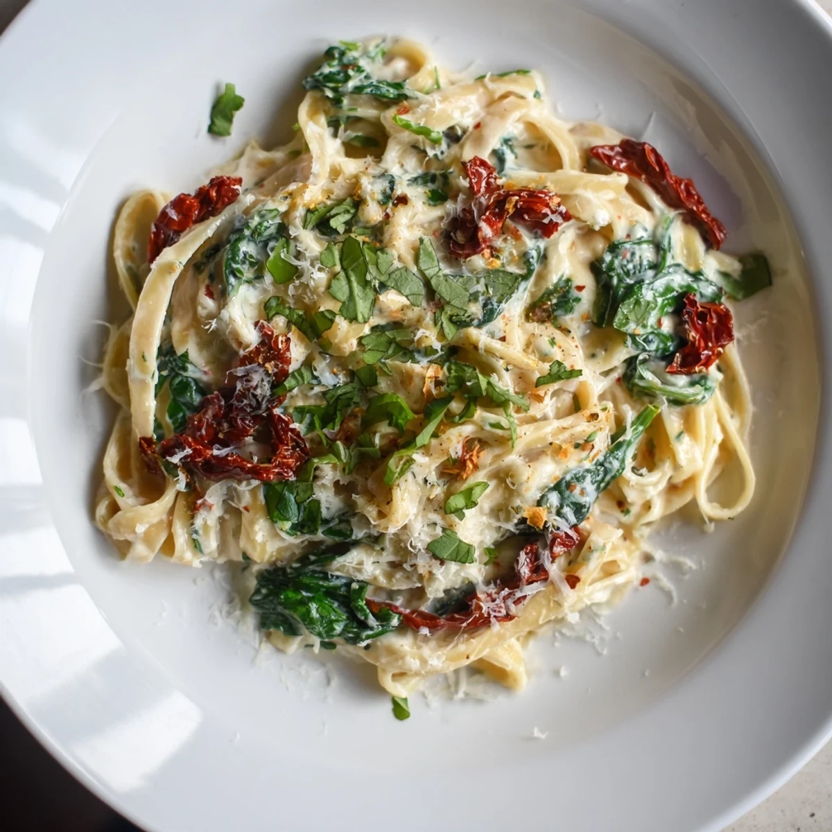 A close-up of One-Pot Creamy Tuscan Garlic Herb Pasta, showcasing the vibrant spinach and herbs.