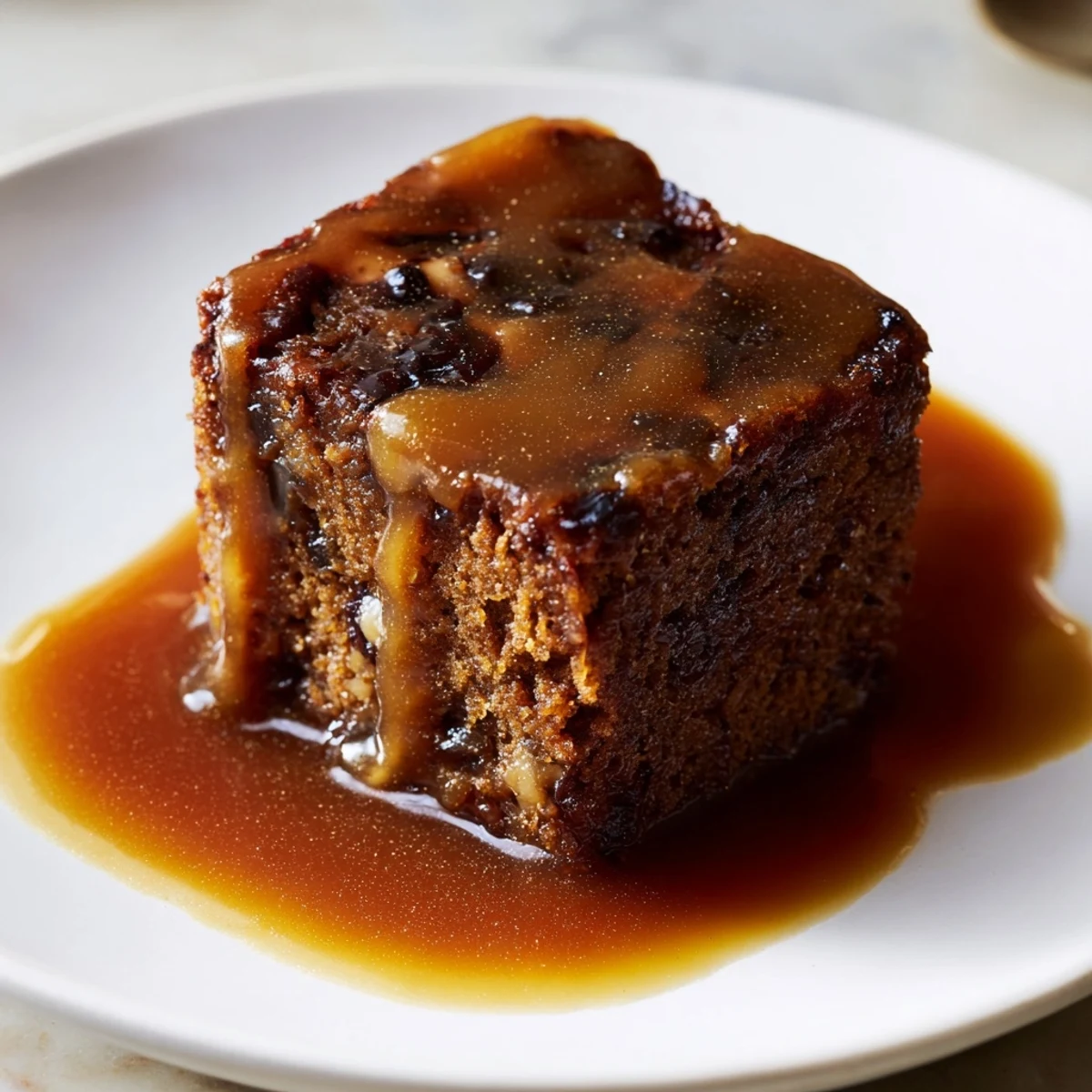 Close-up of a freshly baked Weekend Cabin-Style Sticky Toffee Pudding, served with cream and ready to eat.