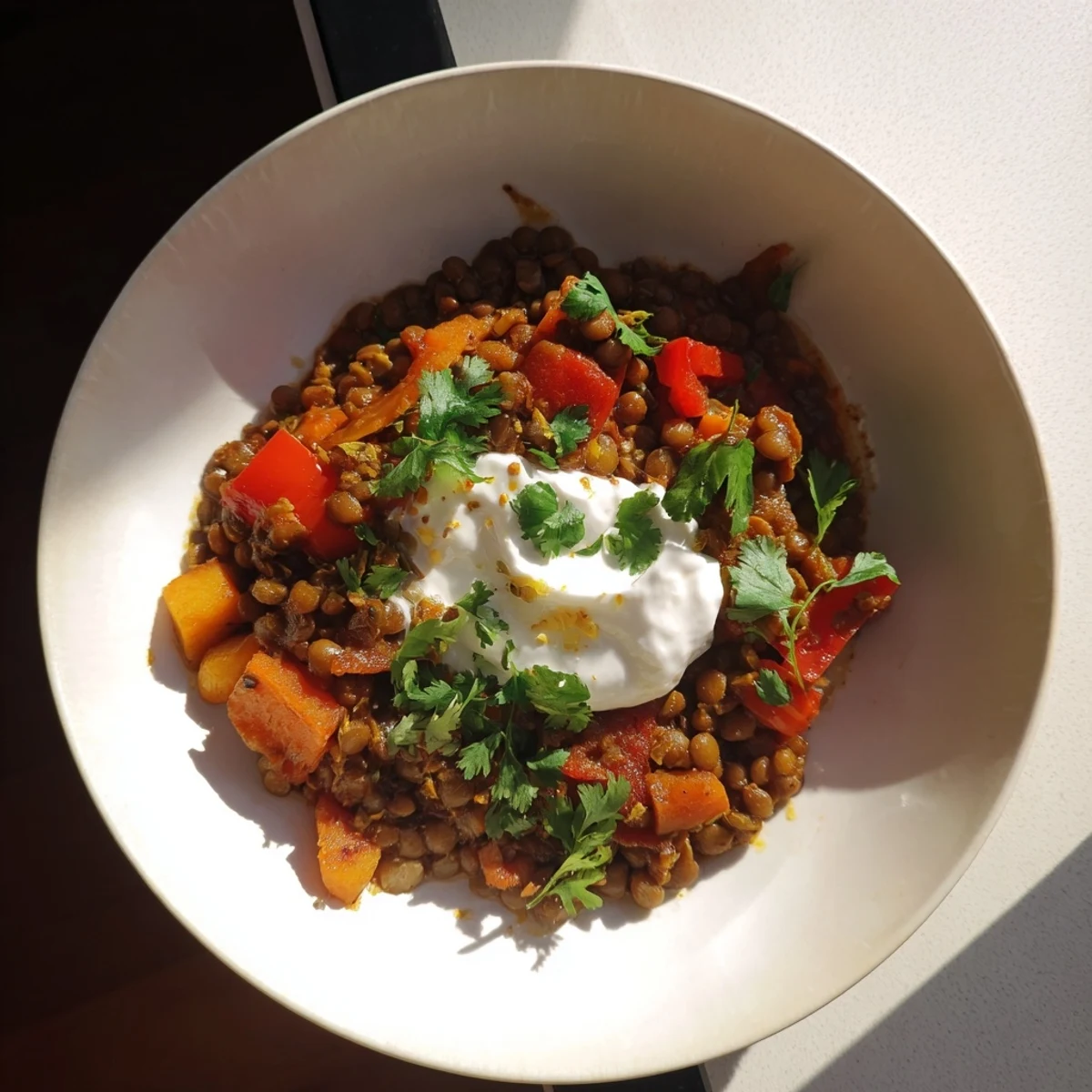 Steaming Wheat-Warm Hearty Lentil Curry with vibrantly diced vegetables and a fragrant spice blend.