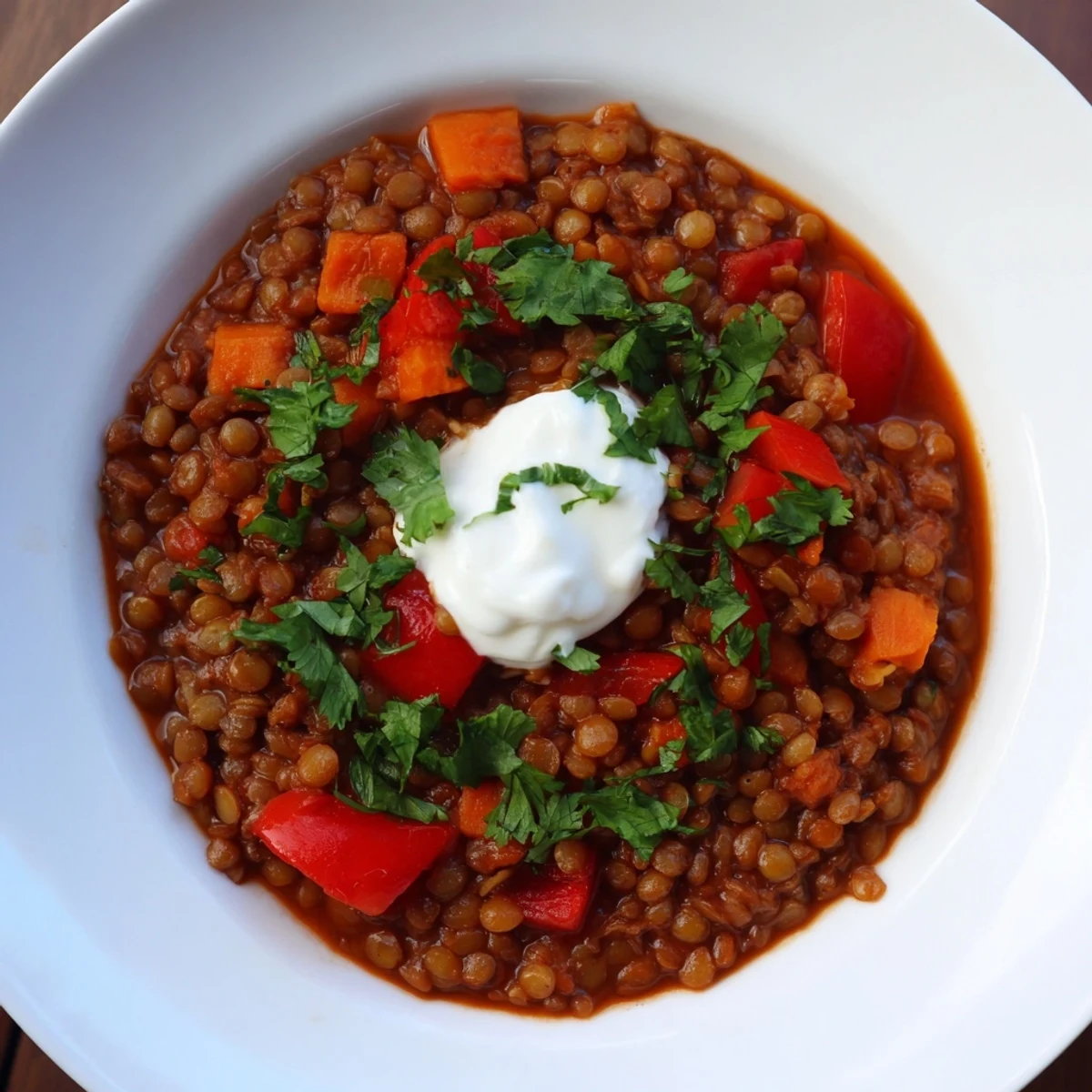 A close-up of a bowl brimming with hearty Wheat-Warm Lentil Curry, garnished with fresh cilantro and yogurt.