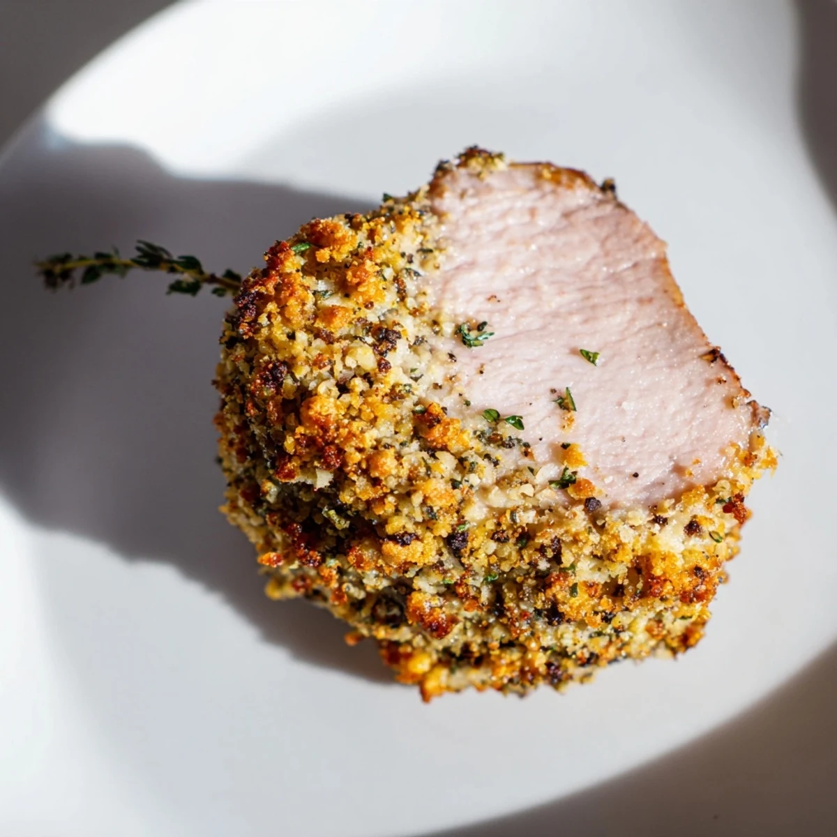 Golden-brown Thyme and Pecan Crusted Pork Tenderloin, ready to slice after perfect oven roasting.