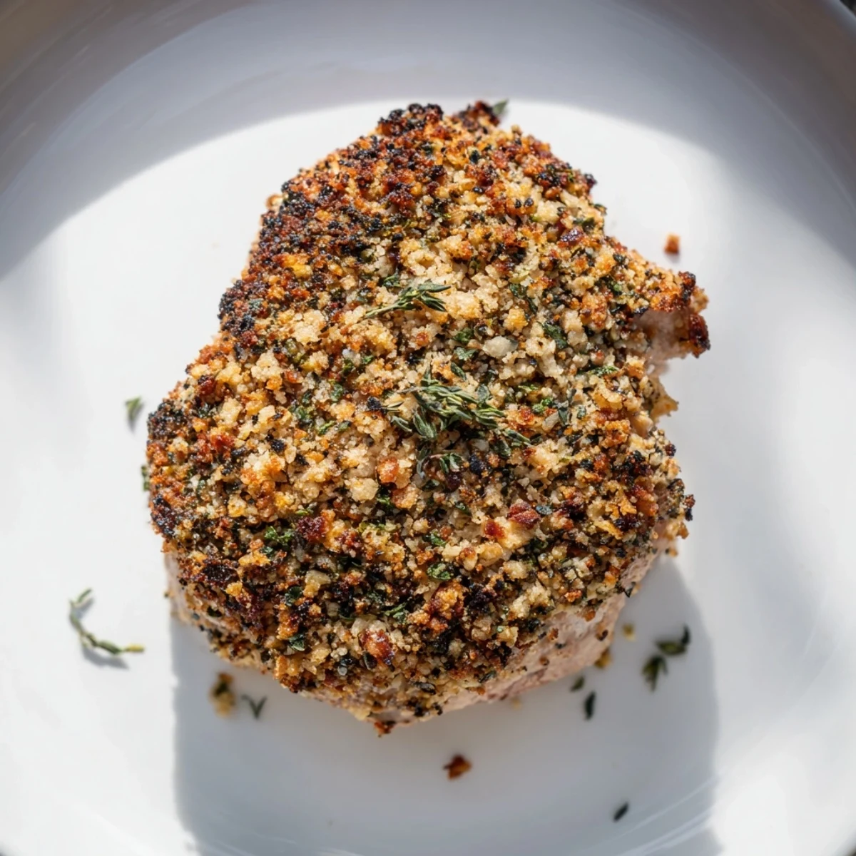 Close-up of a flavorful Thyme and Pecan Crusted Pork Tenderloin, showing the crispy, nutty crust.