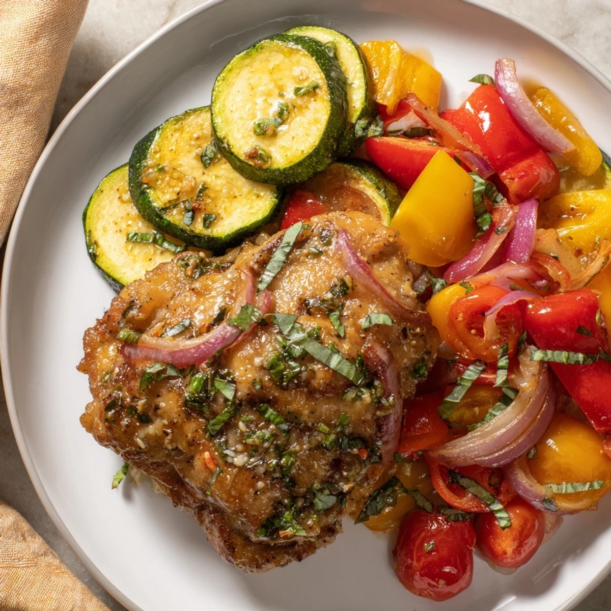 Tender Basil-Soft Chicken and Veggie Sheet Pan Dinner with roasted vegetables and juicy chicken, ready to eat.