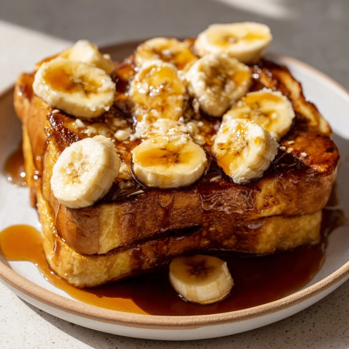 Weekend Golden-Brunch Banana Pancakes stacked high, drizzled generously with warm maple syrup.