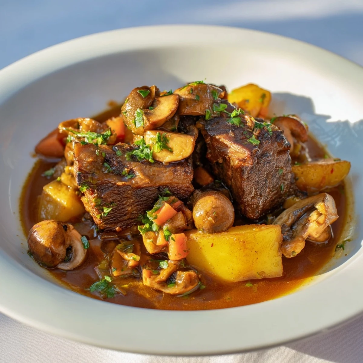 A steaming bowl of earthy beef stew with crusty bread, a comforting meal.
