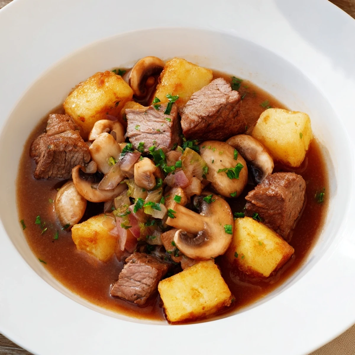 Crusty homemade bread alongside a rich earthy beef stew, perfect for chilly afternoons.