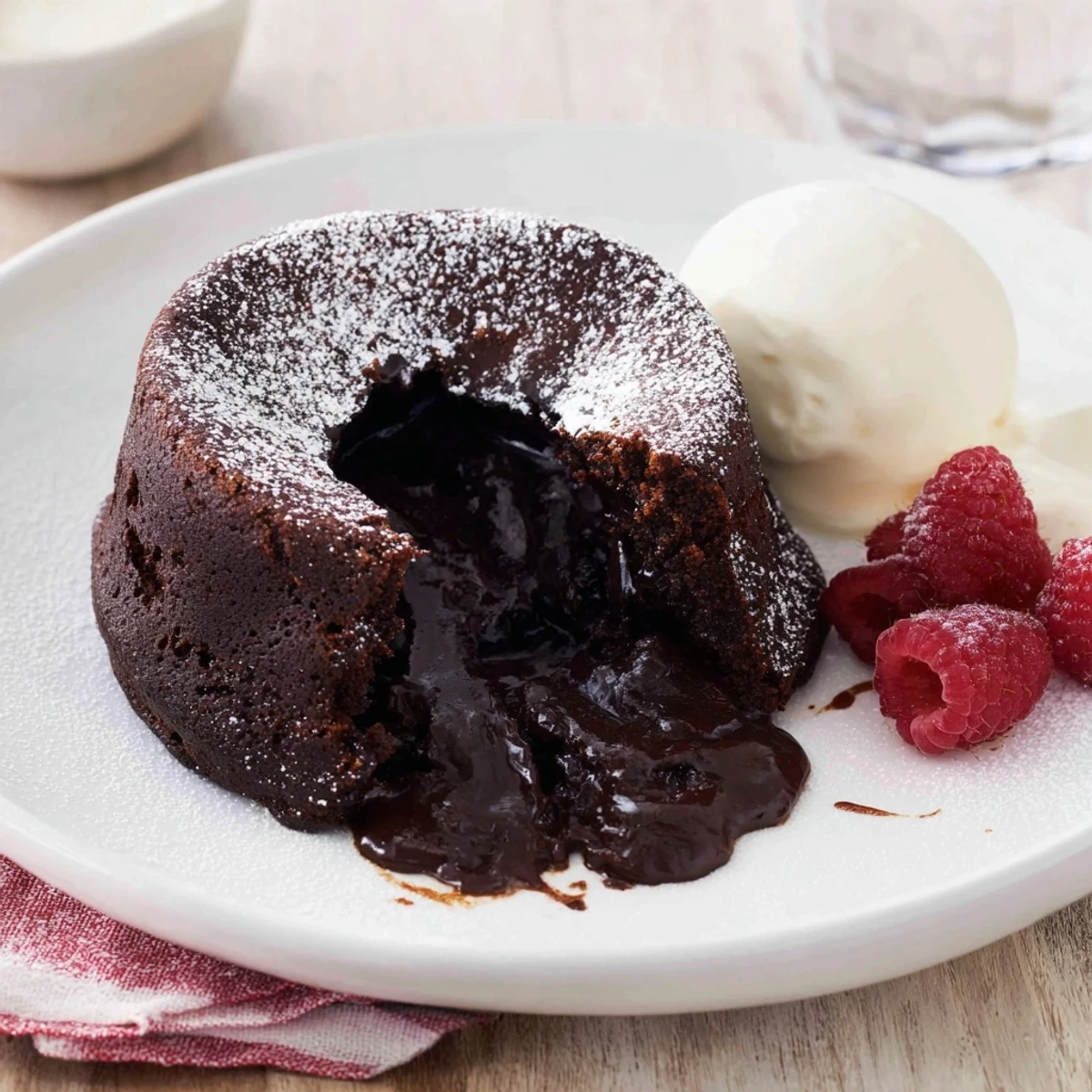 Steaming dark chocolate lava cakes, oozing a rich cocoa center, ready to be enjoyed with ice cream.