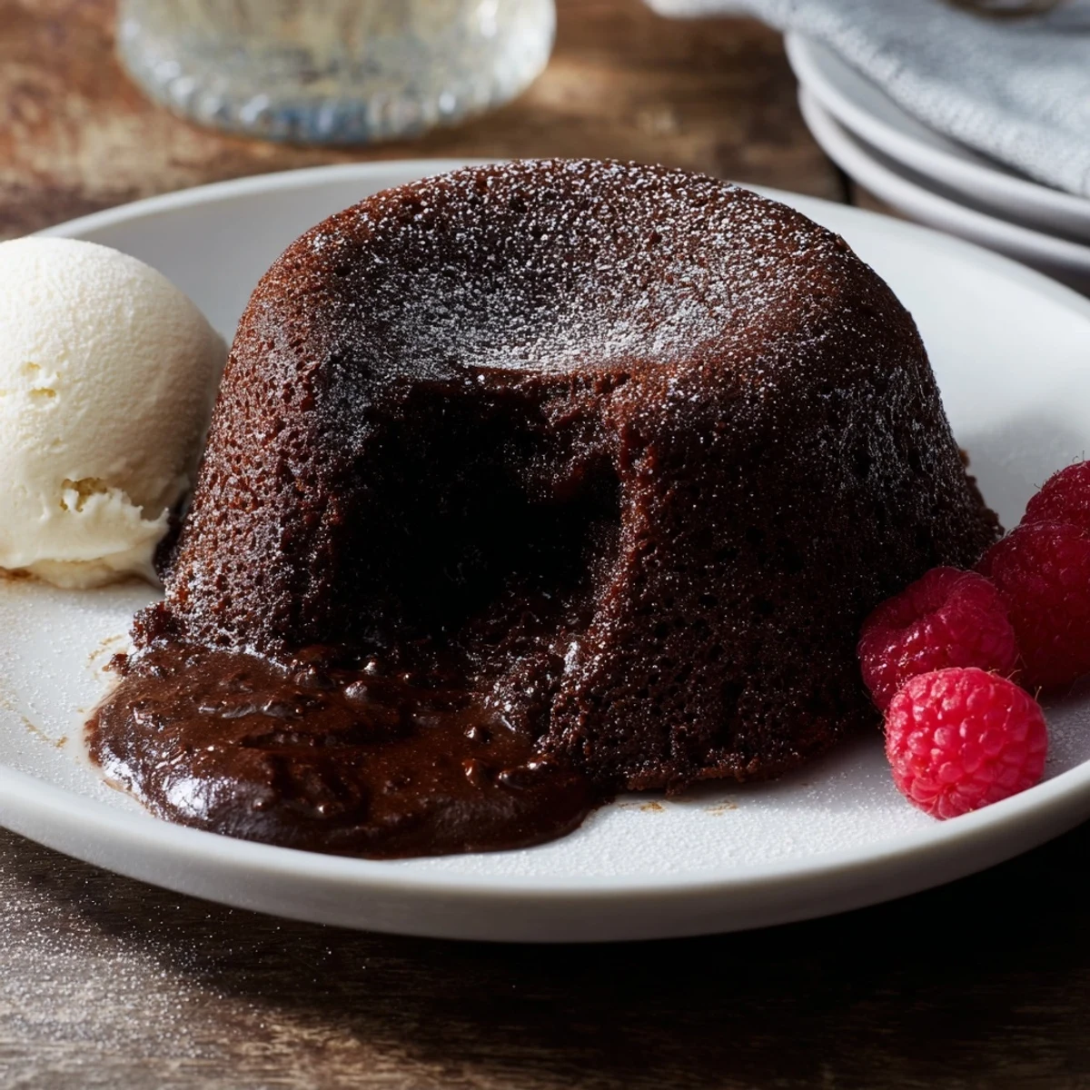 Warm, freshly baked dark chocolate lava cakes, coated in powdered sugar and served with fresh berries.