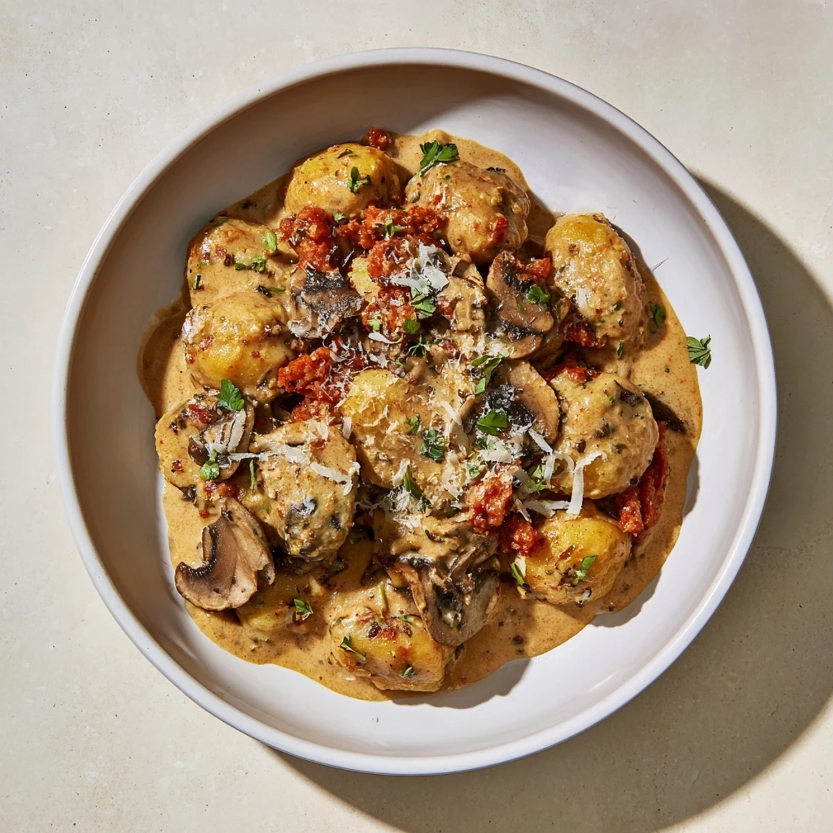 A steaming skillet of Woodsy Sausage and Mushroom Gnocchi, ready to enjoy this comforting dish.
