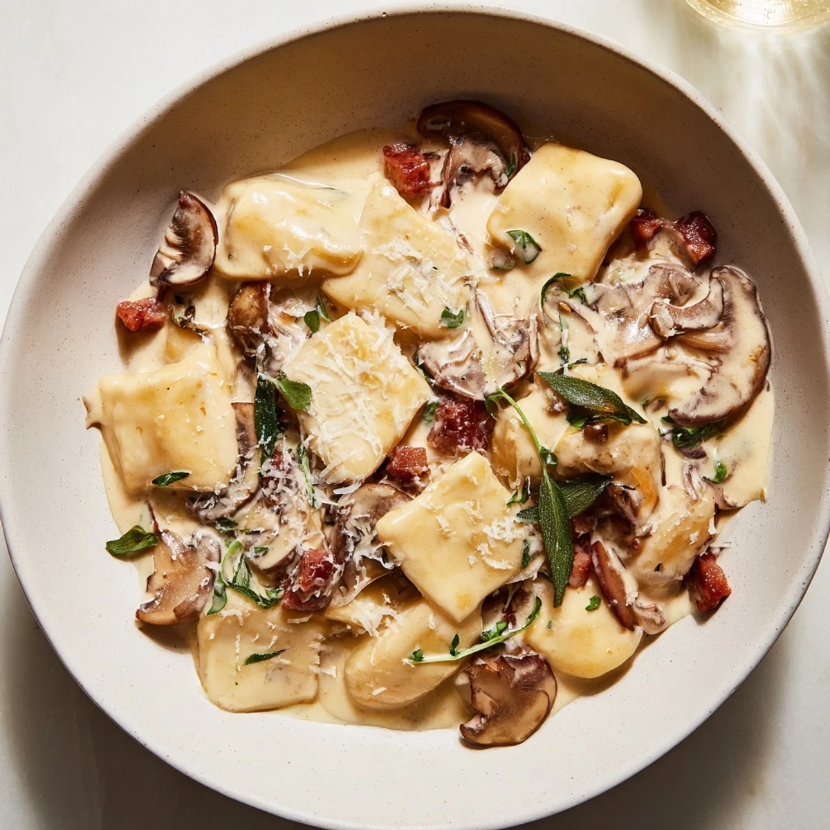 Golden, savory Woodsy Skillet Sausage and Mushroom Gnocchi with creamy sauce, perfect for a cozy dinner.