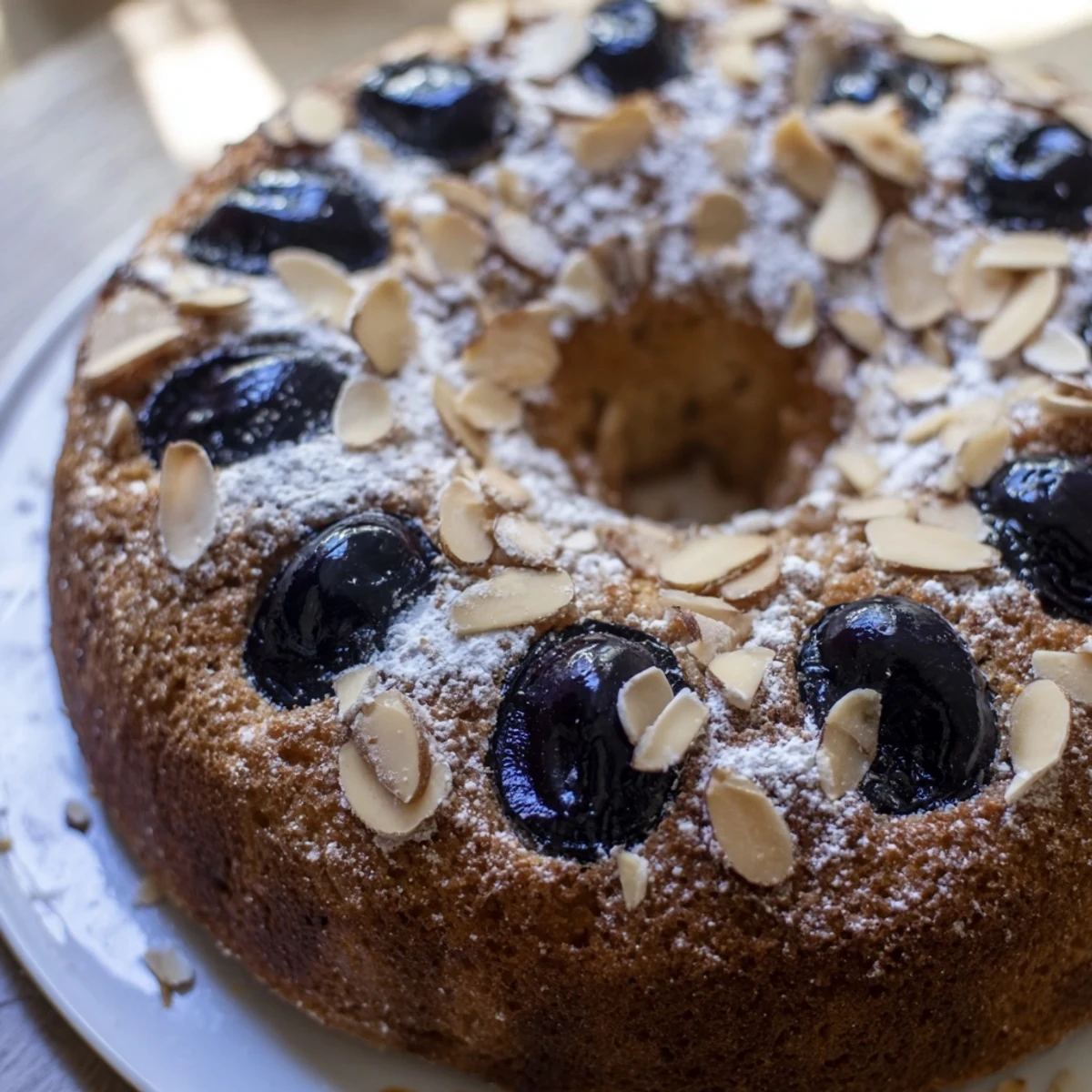 Golden slices of Soft Sweet Plum-Infused Almond Cake, topped with toasted almonds and powdered sugar.