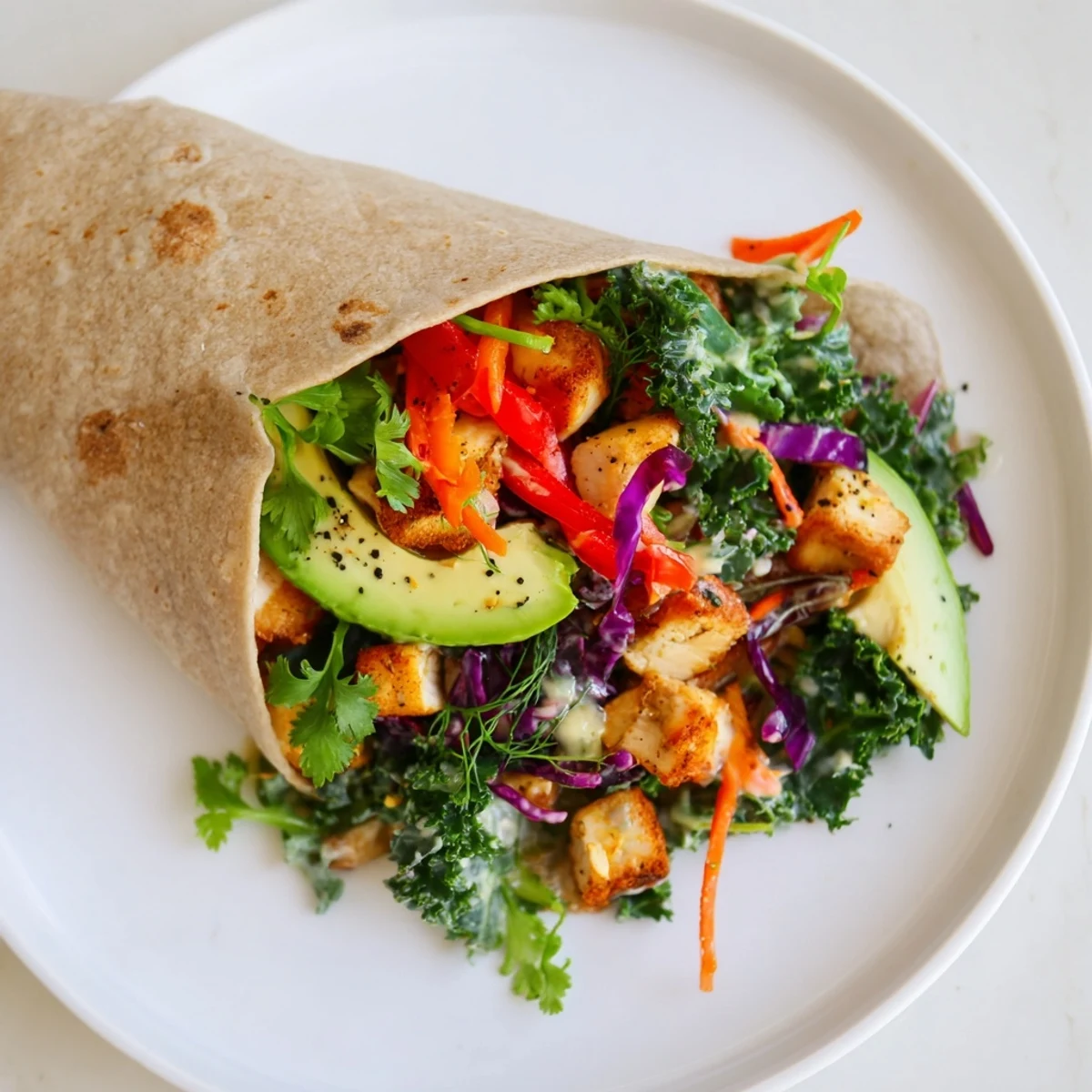 Vibrant poppy-inspired chicken salad wraps loaded with fresh vegetables and creamy dressing, ready to eat.