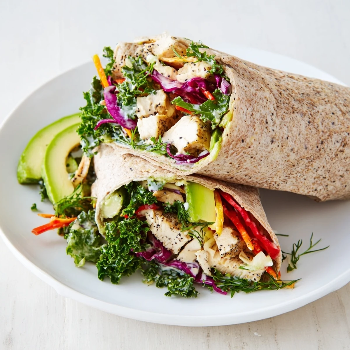 Close-up of a Poppy-Inspired Chicken Salad Wrap, featuring colorful ingredients rolled in a whole wheat tortilla.