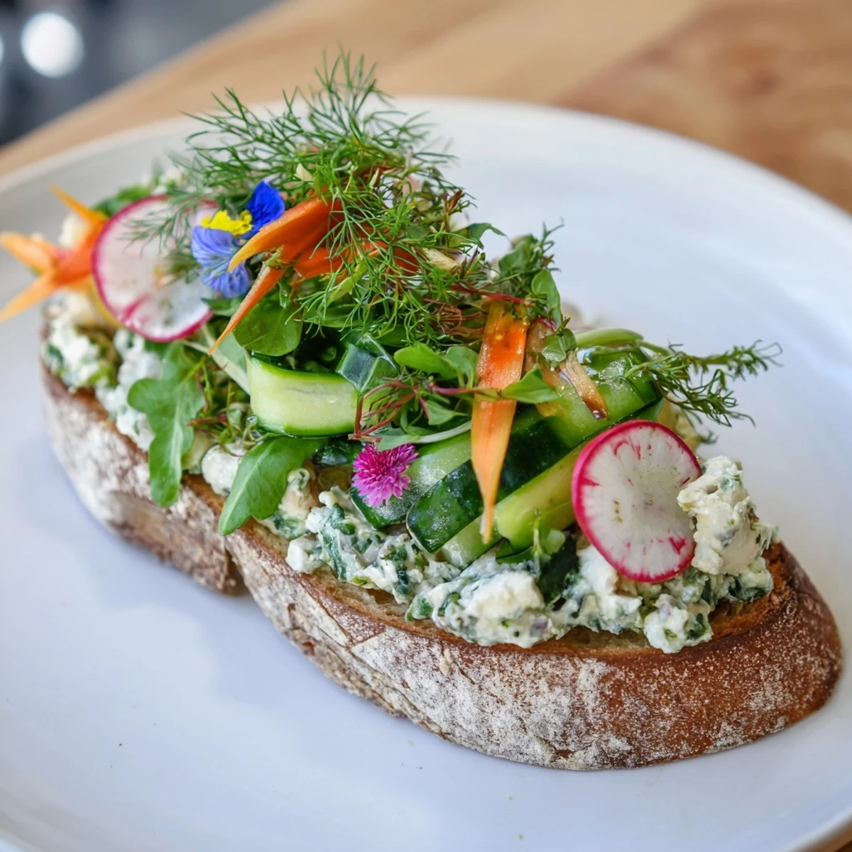 Fresh Meadow-Inspired Garden Vegetable Tartines: Colorful veggies on toasted bread with creamy cheese, ready to eat.
