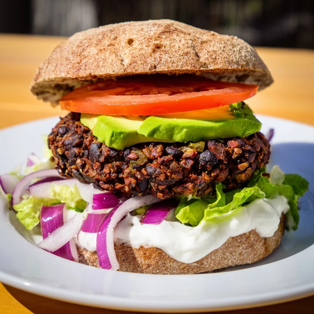 A juicy Zesty Weeknight Black Bean Burger, topped with creamy avocado slices and fresh tomato.
