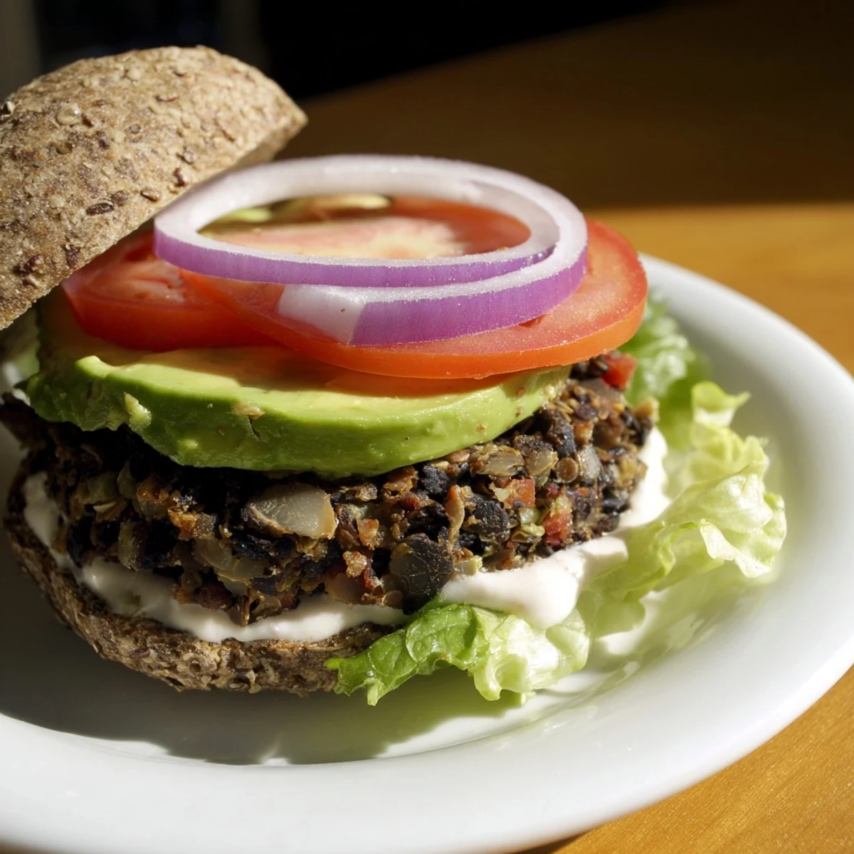 Close-up of a sizzling Zesty Weeknight Black Bean Burger ready to eat, with toasted buns.