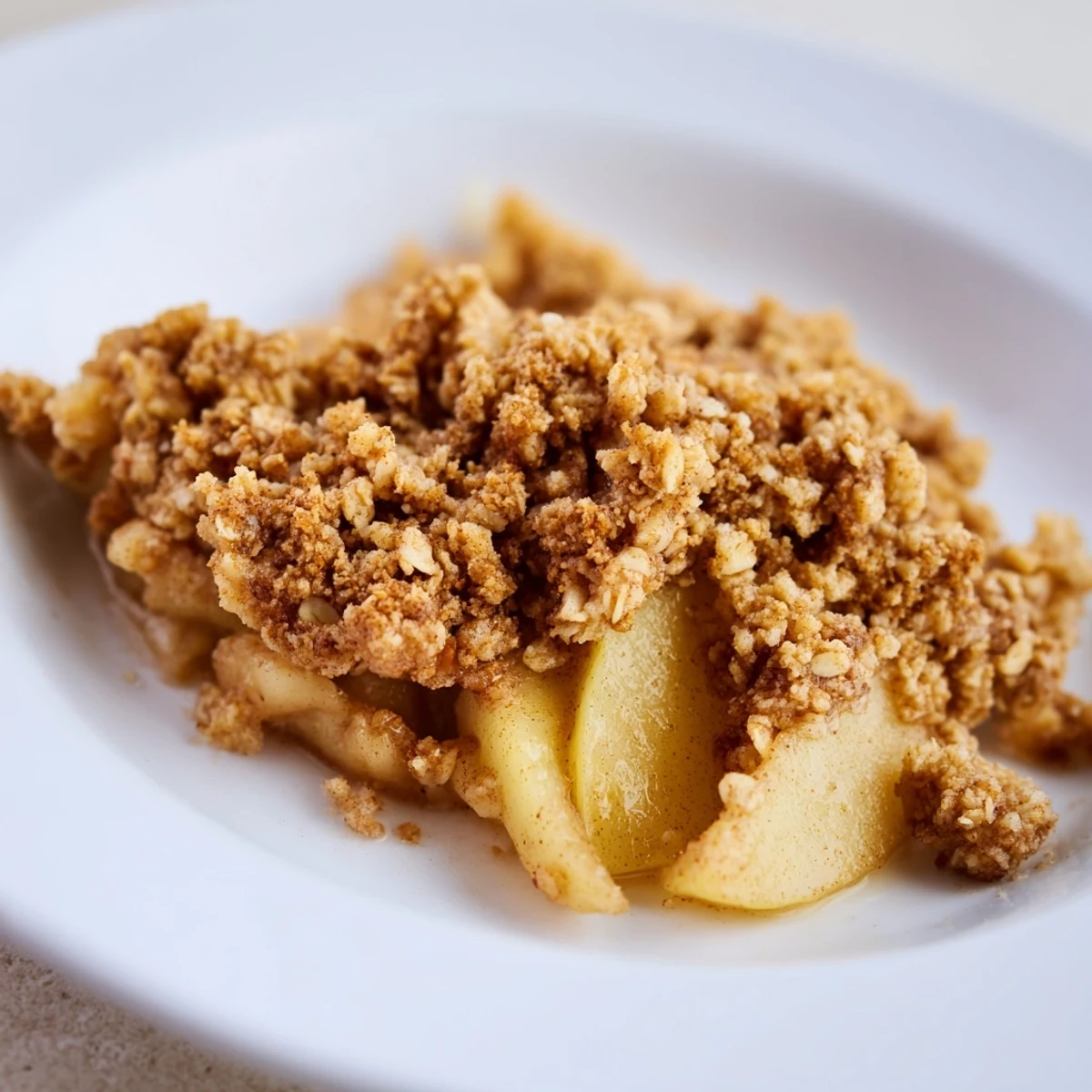 Warm apple and cinnamon crumble, bubbling and golden, baked with a sweet, buttery crumble topping.