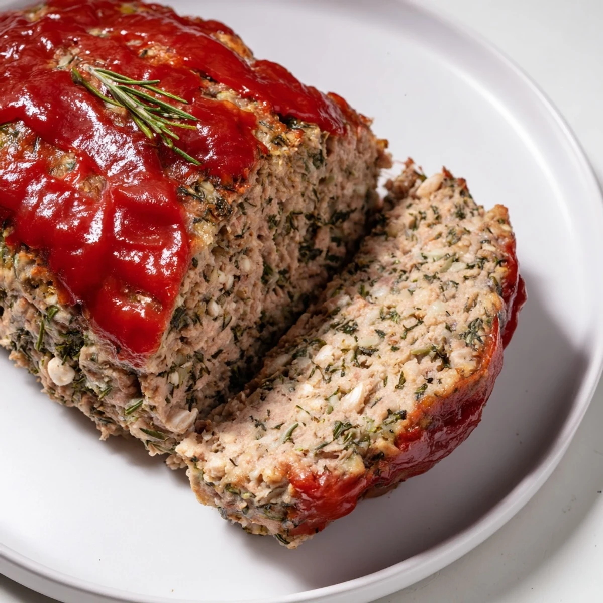 Warm, herb-sprigged Everyday Turkey Meatloaf, glazed and ready to slice for a comforting family meal.