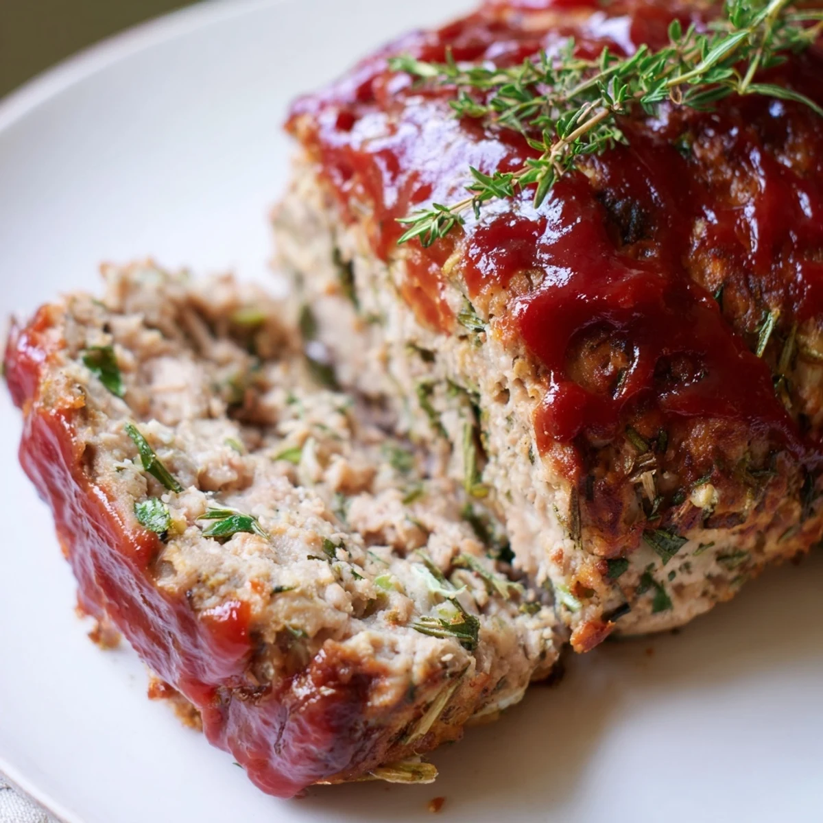 Tender slices of Everyday Herb-Sprigged Turkey Meatloaf served with mashed potatoes and green beans.