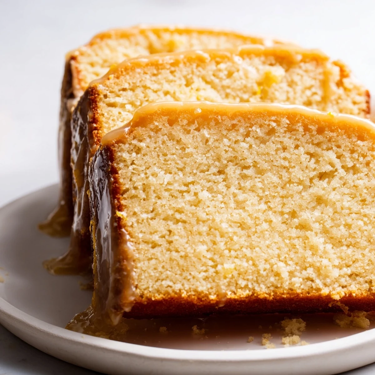 A slice of the Soft Glow Golden Honey Pound Cake, showing its golden crumb and inviting texture.