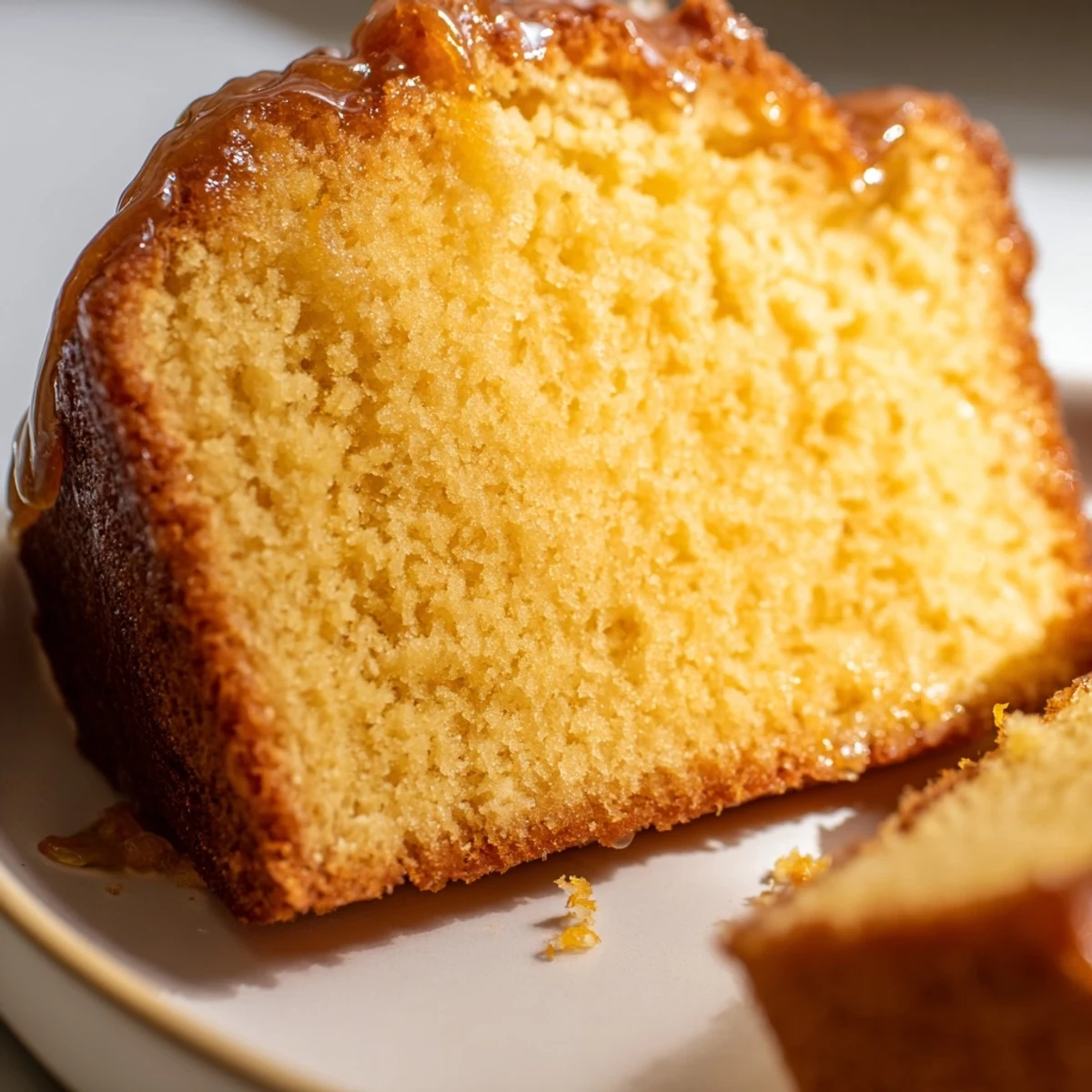 Close-up of a Soft Glow Golden Honey Pound Cake, with its delicate, irresistible, and buttery aroma.