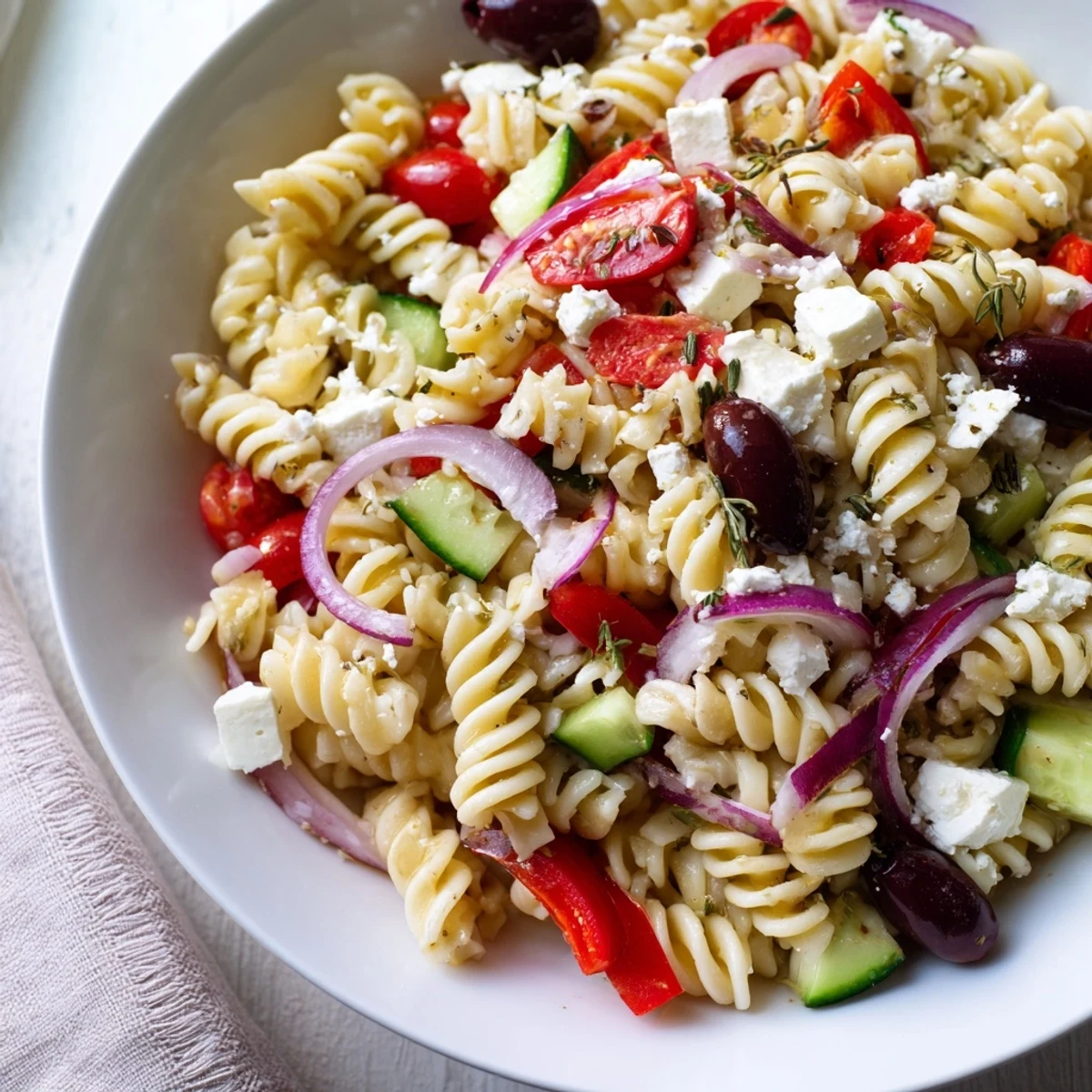 Mediterranean Olive Oil and Feta Pasta Salad, a colorful bowl of pasta and fresh veggies.