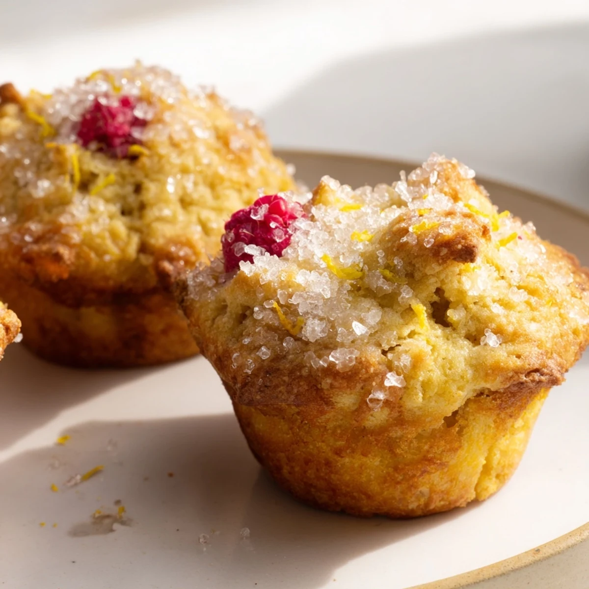 Fluffy Simple Sweet Lemon Zest Muffins, golden brown and speckled with glistening sugar, ready to enjoy.