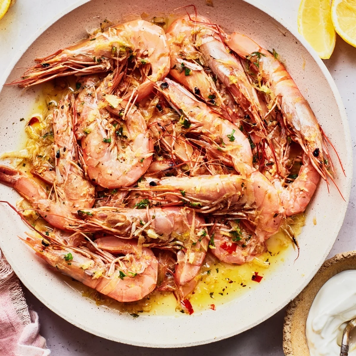 Vibrant bowl of lemon herb shrimp scampi with bright green herbs, perfect for a fresh meal.