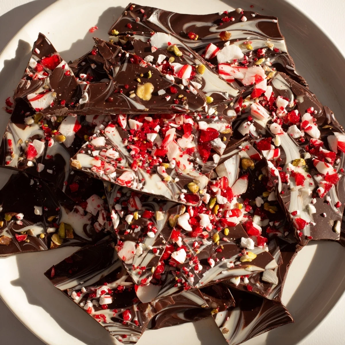 Holiday bark shards look festive, with swirled chocolate and colorful toppings like cranberries.