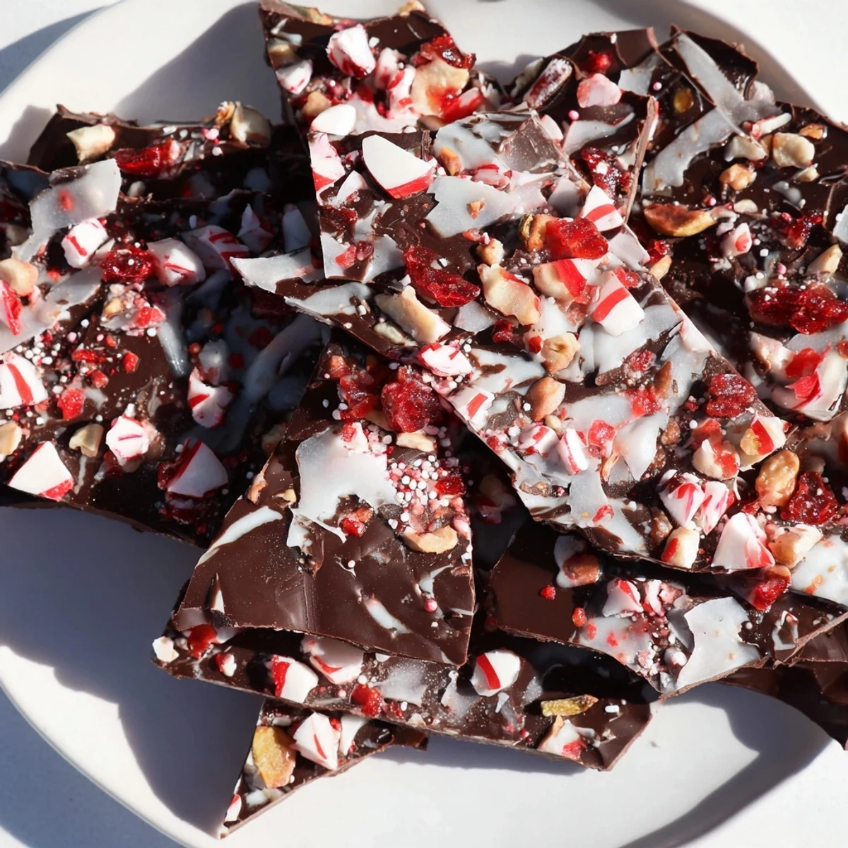 This homemade Holiday bark features a delicious mix of chocolate, peppermint, and pistachios in shards.