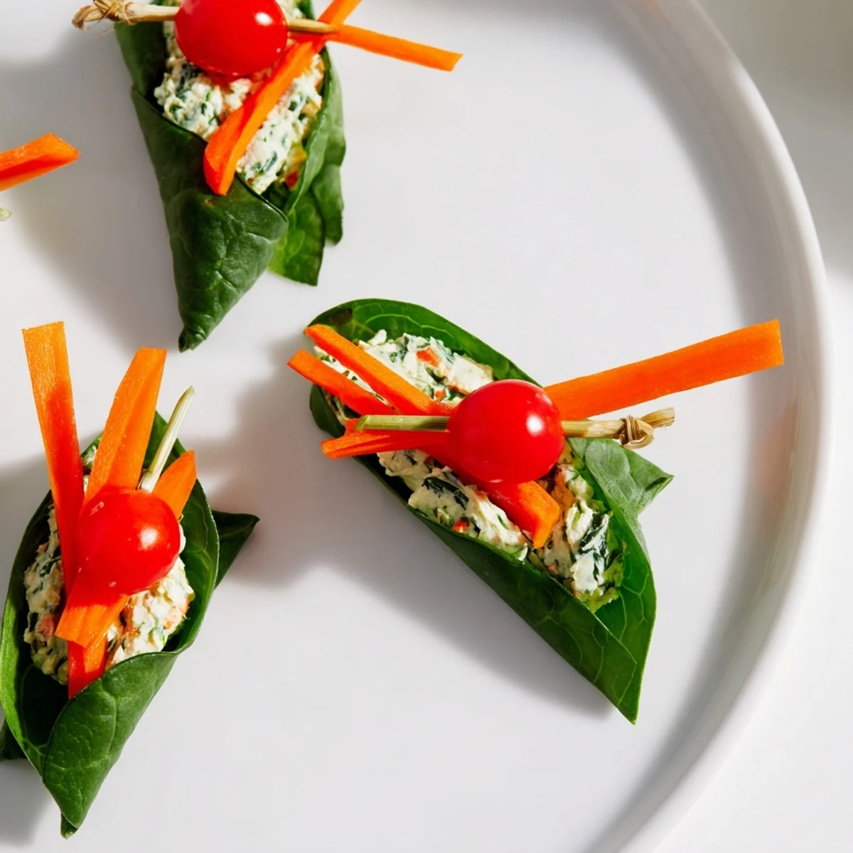 Overhead shot captures festive Holly Leaf Spinach Wraps, perfect for a quick and healthy vegetarian snack.