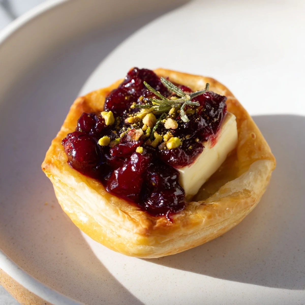 Golden, bubbling Cranberry Brie Bites Wreath, a delicious appetizer with fresh rosemary and pistachios.