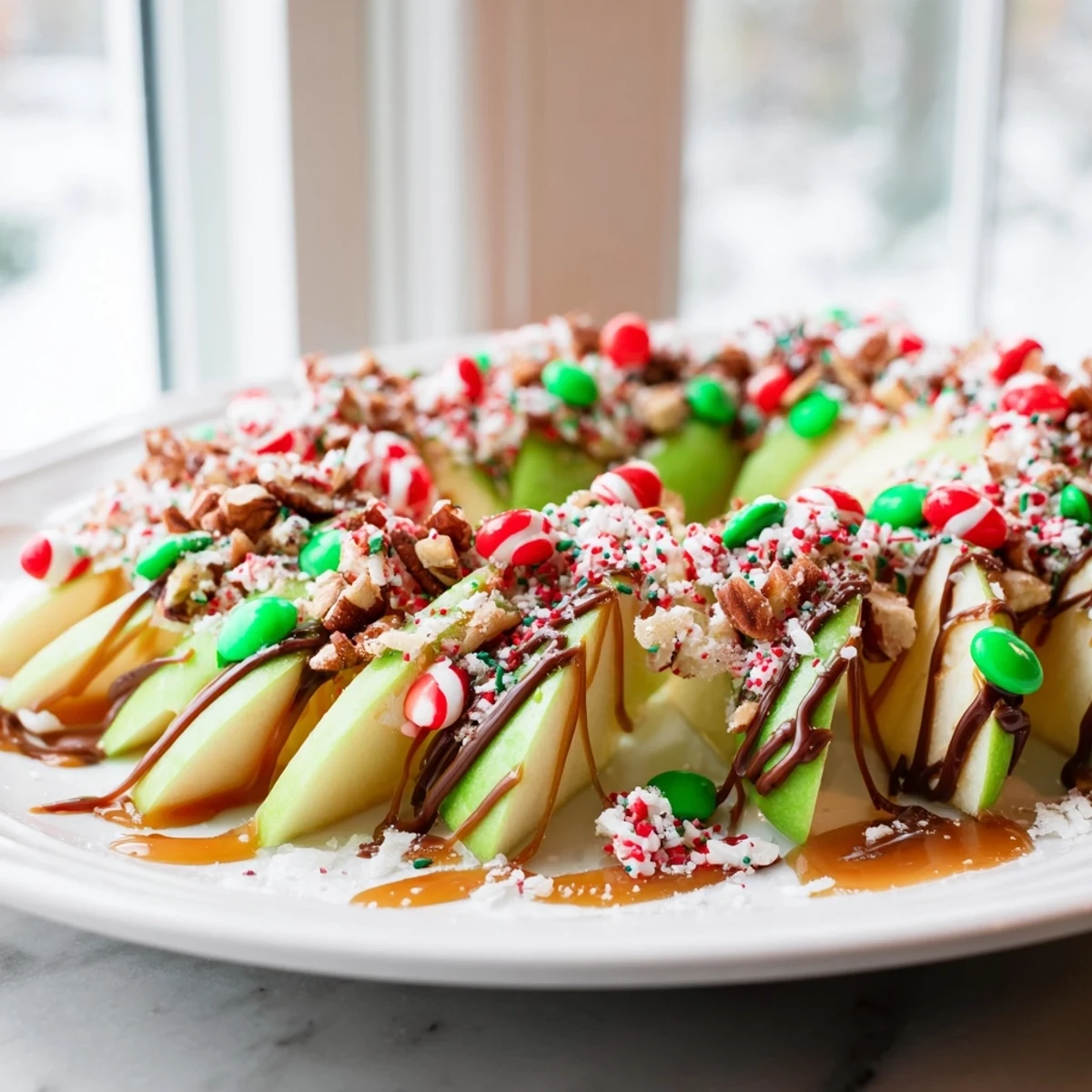 Caramel Apple Slice Christmas Wreath: A beautiful holiday dessert featuring glistening apples, flowing caramel, and festive sprinkles.