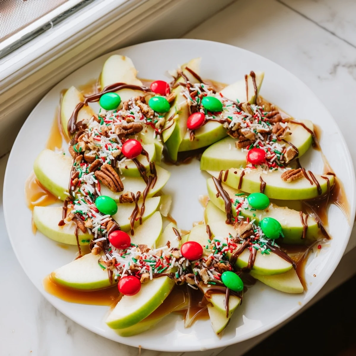 Gooey caramel and chocolate drizzle over fresh apple slices create a delicious Caramel Apple Slice Christmas Wreath.