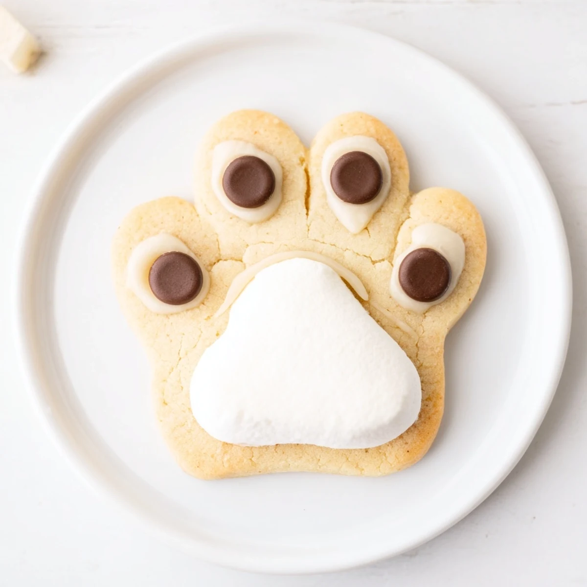 Cute, festive Polar Bear Paw Print Cookies arranged on a baking sheet; ready to eat now!