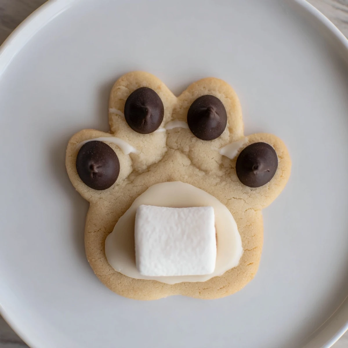 Deliciously decorated Polar Bear Paw Print Cookies: soft sugar cookies with marshmallow paws and chocolate toes.