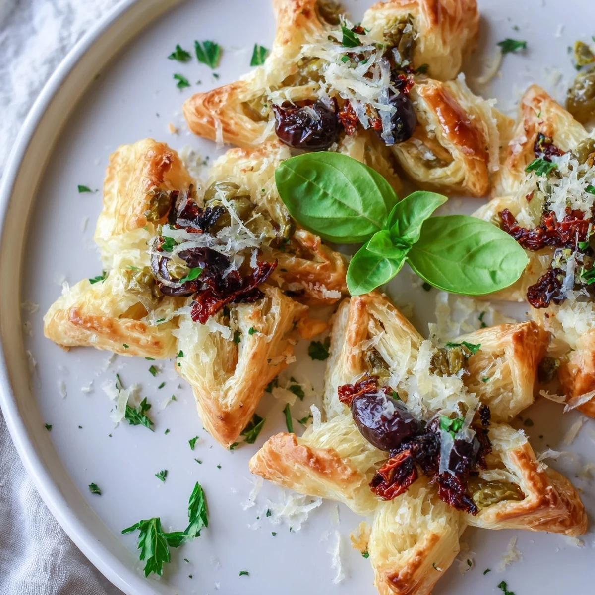 Warm Olive and Sundried Tomato Star Garland, showing a close-up of the delicious baked pastry stars.