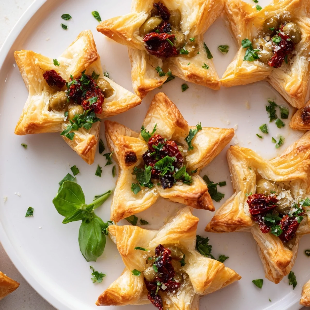 Golden Olive and Sundried Tomato Star Garland, a delightful appetizer with flaky pastry and savory toppings.