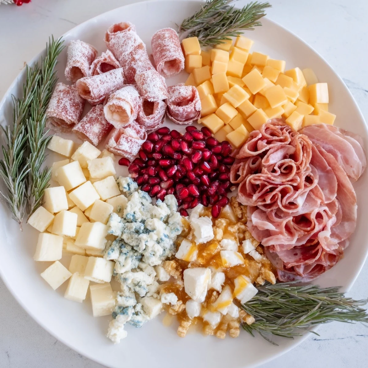 Winter forest charcuterie scene featuring beautifully arranged meats, cheeses, and rosemary sprigs for guests.