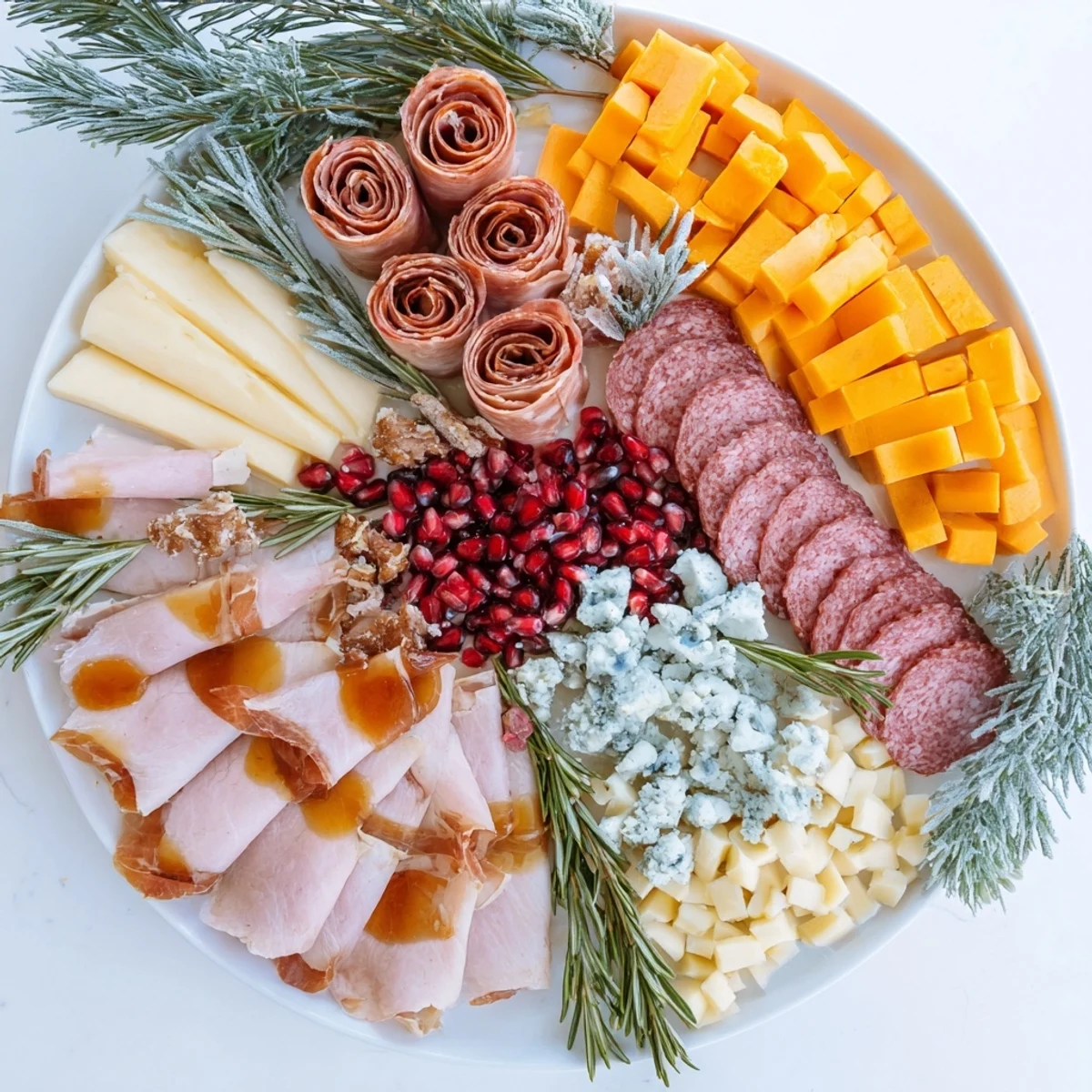 Vibrant Winter Forest Charcuterie including smoked turkey, brie, and dried apricots, a holiday appetizer.