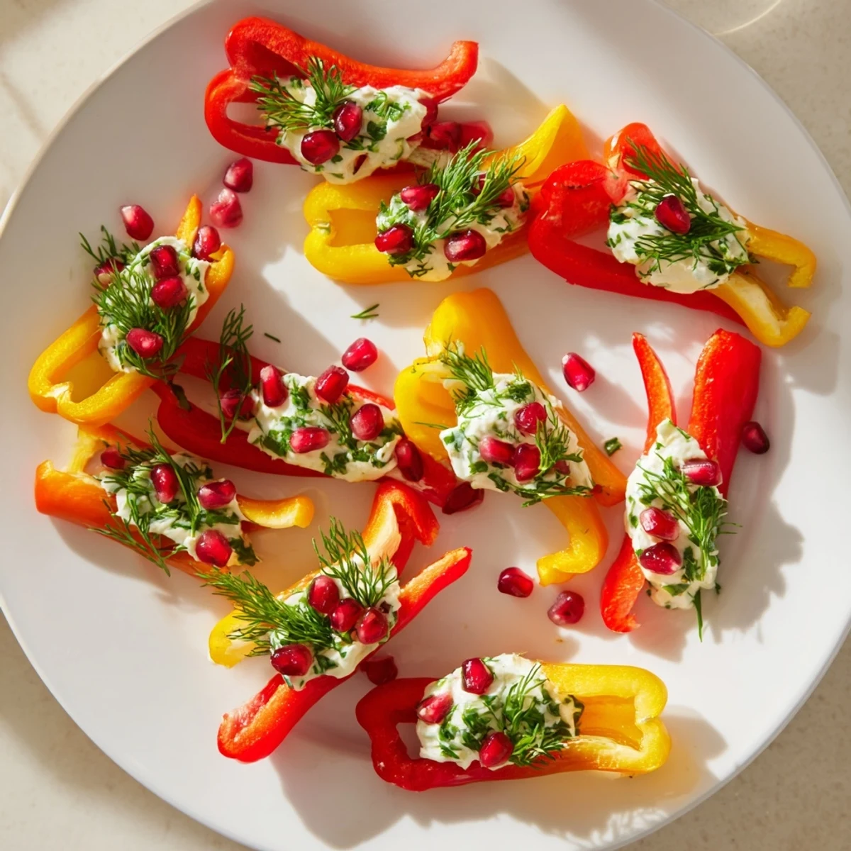 Vibrant Bell Pepper Christmas Bow Appetizer, filled with creamy cheese, ready for your festive spread.