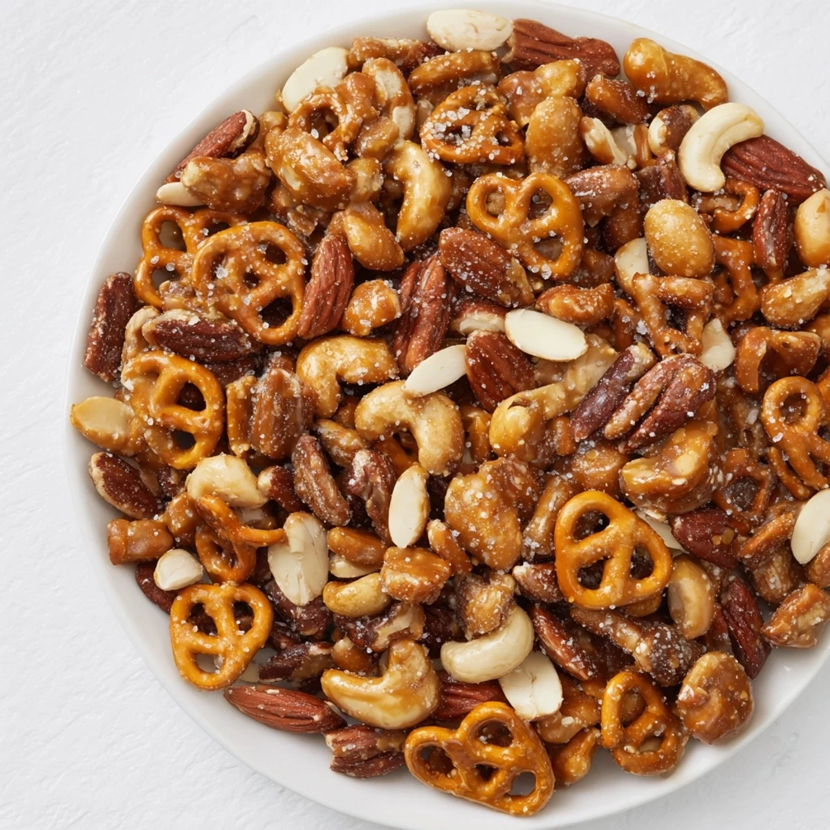 Mouthwatering image: a close-up of buttery salted caramel pretzels and nuts, ready to enjoy.