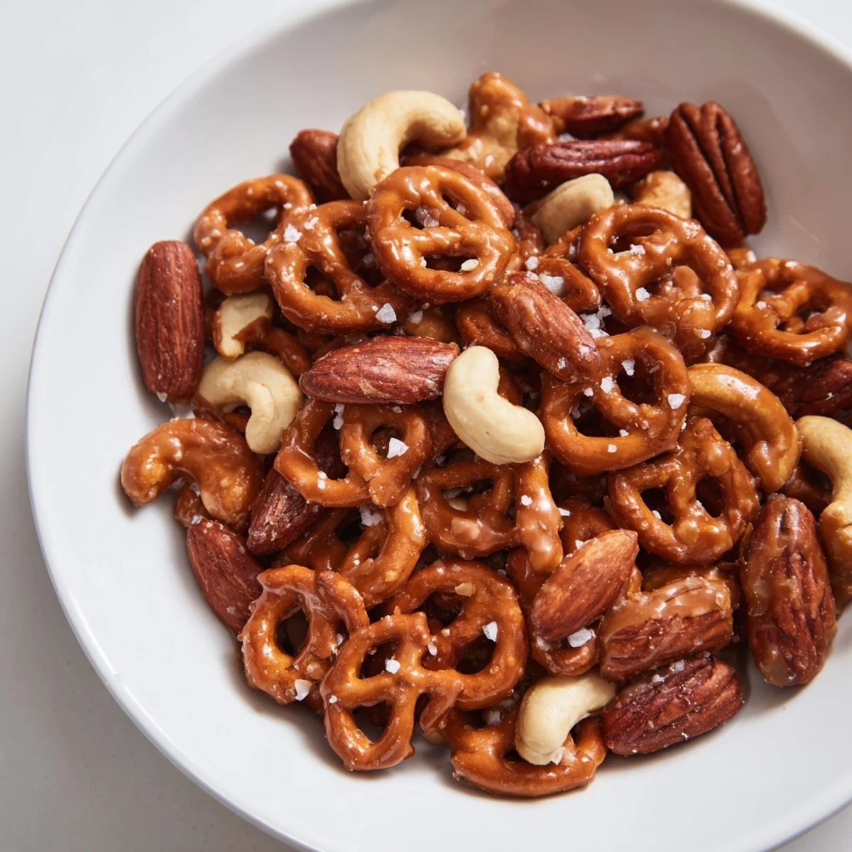 Golden, glistening salted caramel pretzels and nuts snack mix, perfect for sharing and gifting.