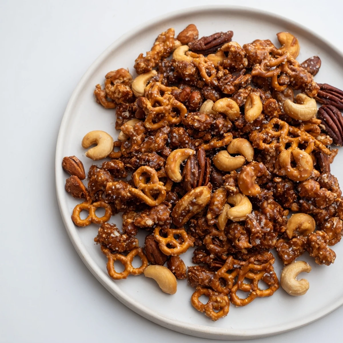 Indulge in this delicious bowl of homemade salted caramel pretzels and nuts, a perfect sweet treat.