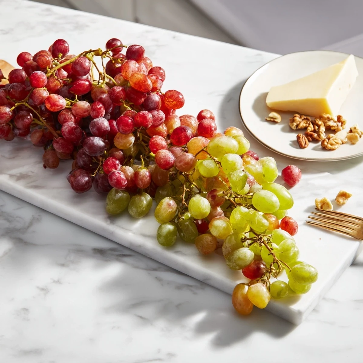 Vibrant grapes spilling over a board, ready for snacking, a simple yet elegant appetizer.