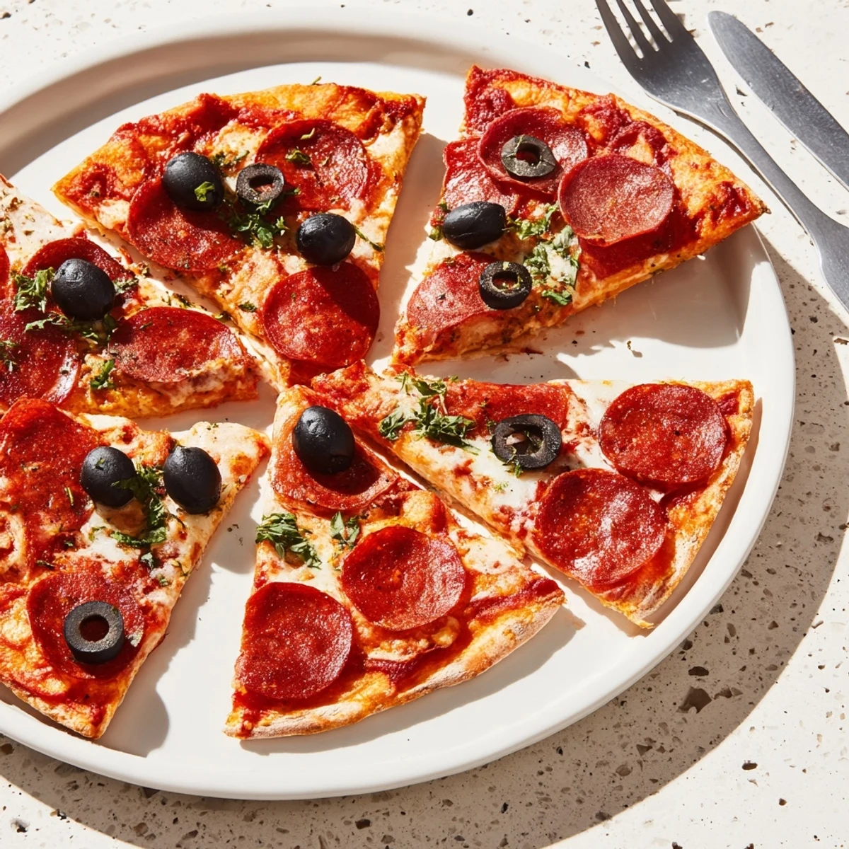 Sliced pepperoni and olive halves appetizer, showcasing vibrant pepperoni topped with glistening olive halves.