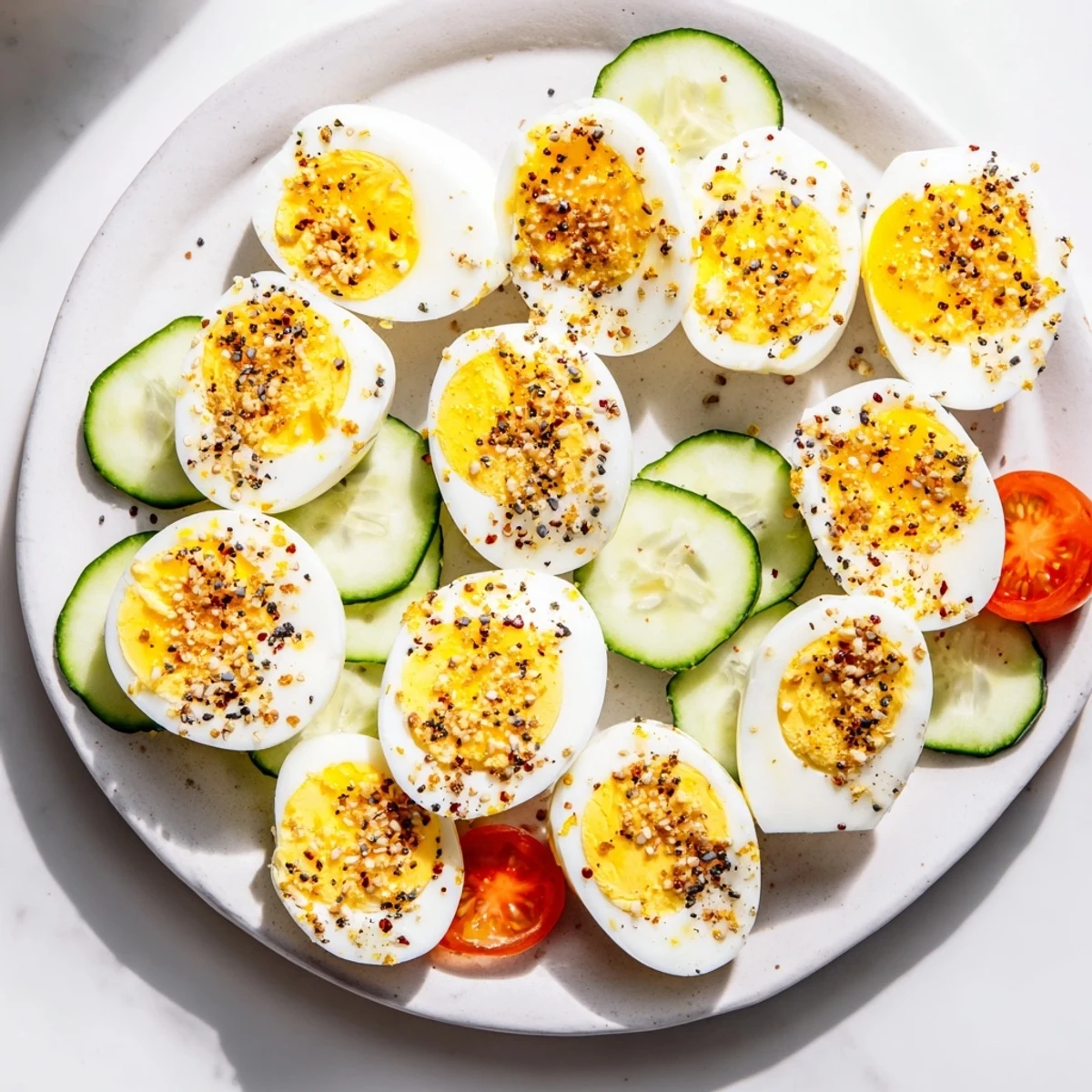 Sliced hard-boiled eggs from the brunch board, perfectly seasoned with everything bagel seasoning.